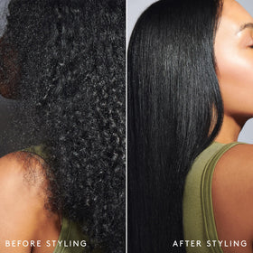 VIRTUE Frizz Block spray on hair demonstrating humidity shield effect.