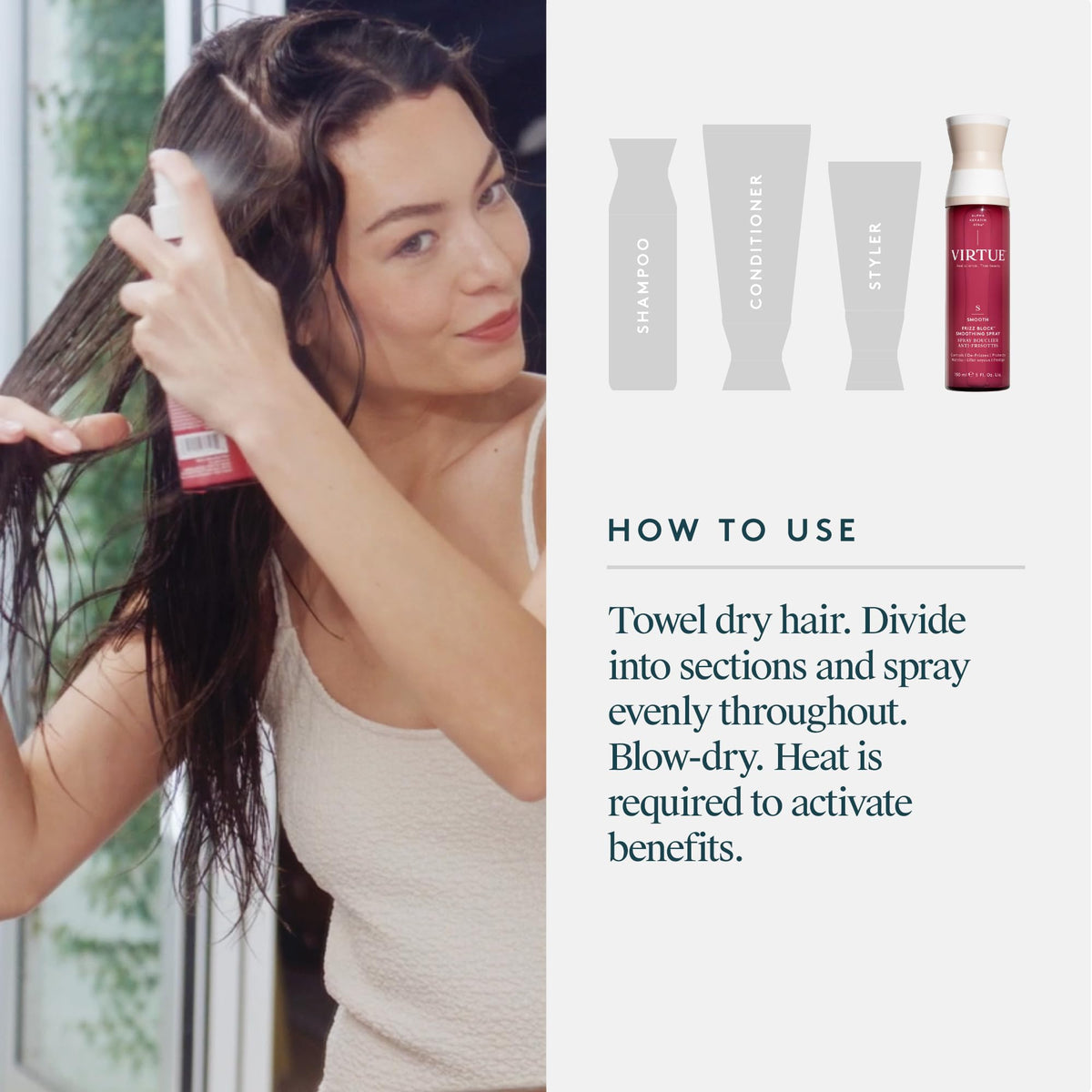 VIRTUE Frizz Block finish on hair adds a subtle glossy look.