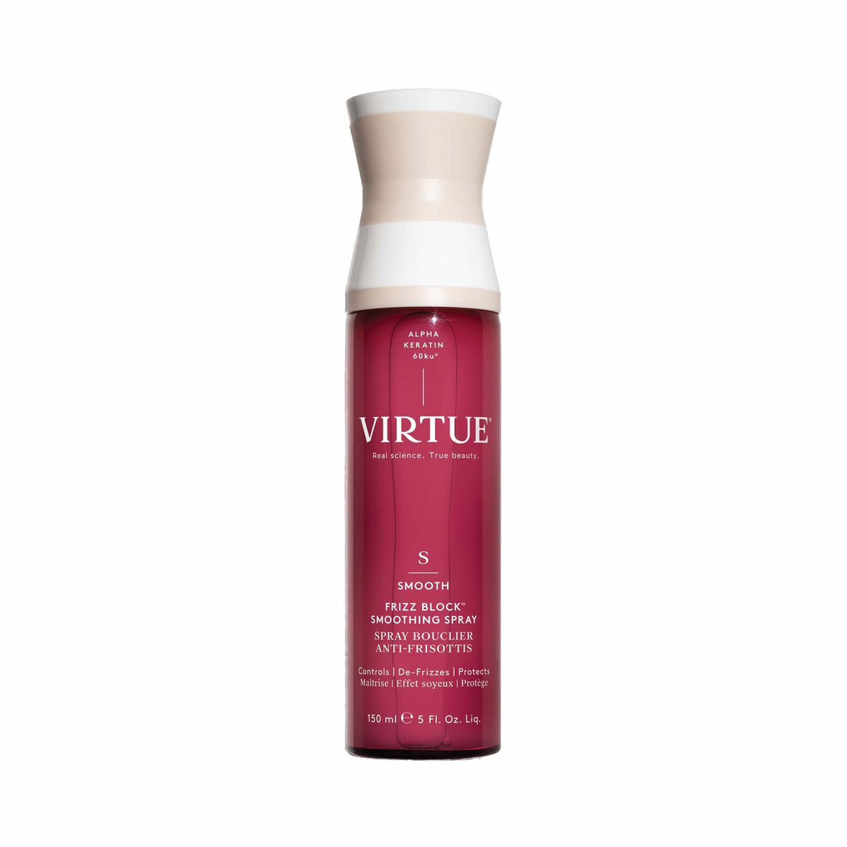 VIRTUE Frizz Block bottle close-up showing heat protection up to 450°F.