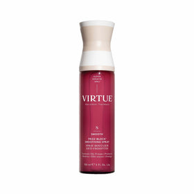 VIRTUE Frizz Block bottle close-up showing heat protection up to 450°F.