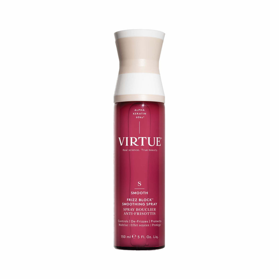 VIRTUE Frizz Block bottle close-up showing heat protection up to 450°F.