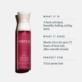 VIRTUE Frizz Block mist on hair demonstrates long-lasting frizz control.