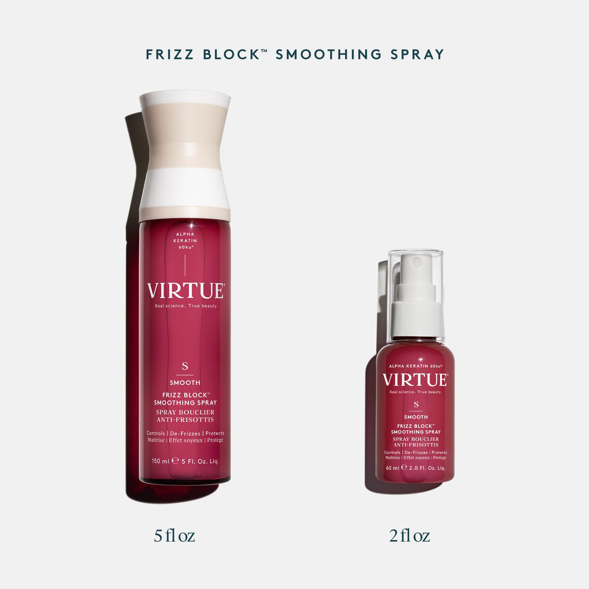 VIRTUE Frizz Block product highlights vegan formula.