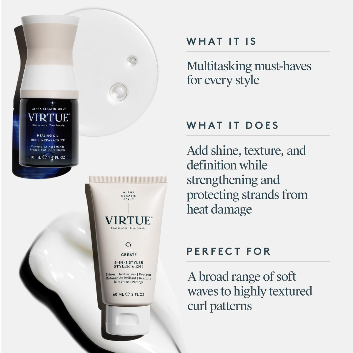 VIRTUE Healing Hair Oil label close-up for nourishing care.