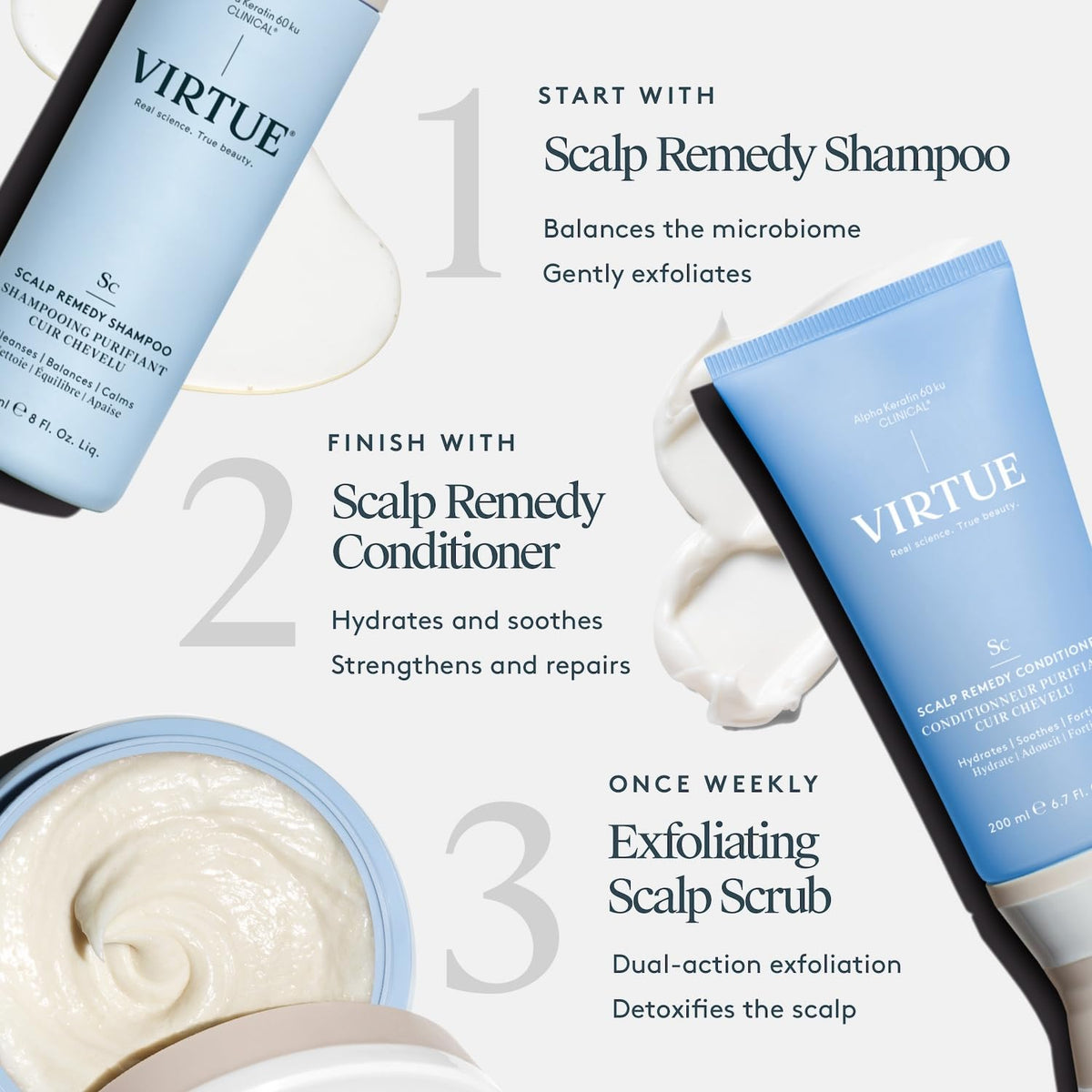 VIRTUE Scalp Remedy bottle pour demonstrates easy daily conditioning application.