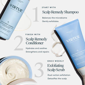 VIRTUE Scalp Remedy bottle pour demonstrates easy daily conditioning application.