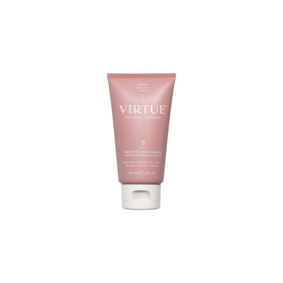 Virtue Smooth conditioner bottle on display highlighting frizz control and color-safe care