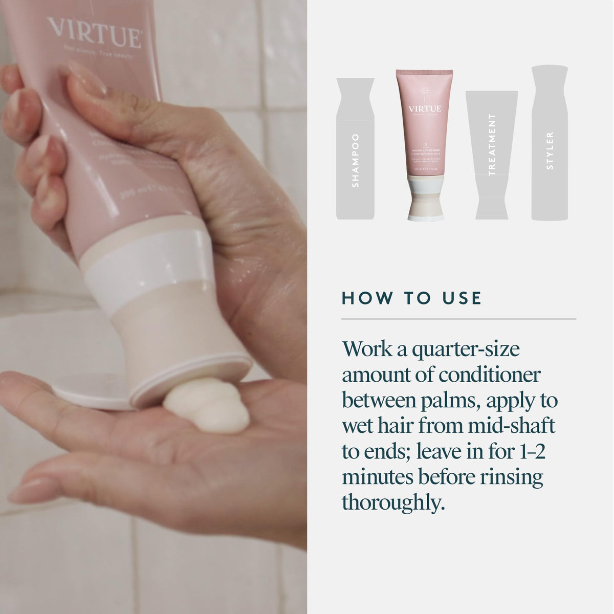 Virtue Smooth Conditioner curly hair use-case demonstrates frizz reduction on waves.