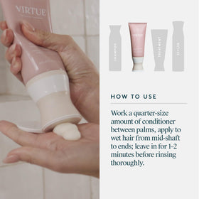 Virtue Smooth Conditioner curly hair use-case demonstrates frizz reduction on waves.