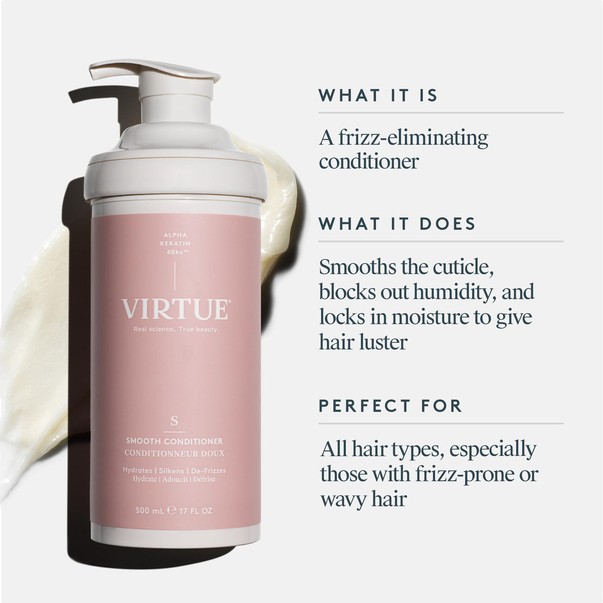 Virtue Smooth Conditioner application steps show easy in-shower smoothing.