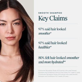 Virtue Smooth Shampoo color-safe formula protects treated hair while cleansing.