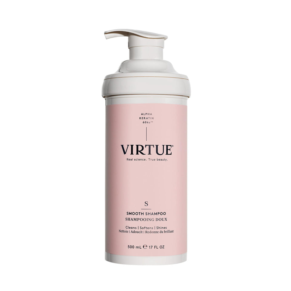 Virtue Smooth Shampoo bottle showing frizz-control for smoother hair.