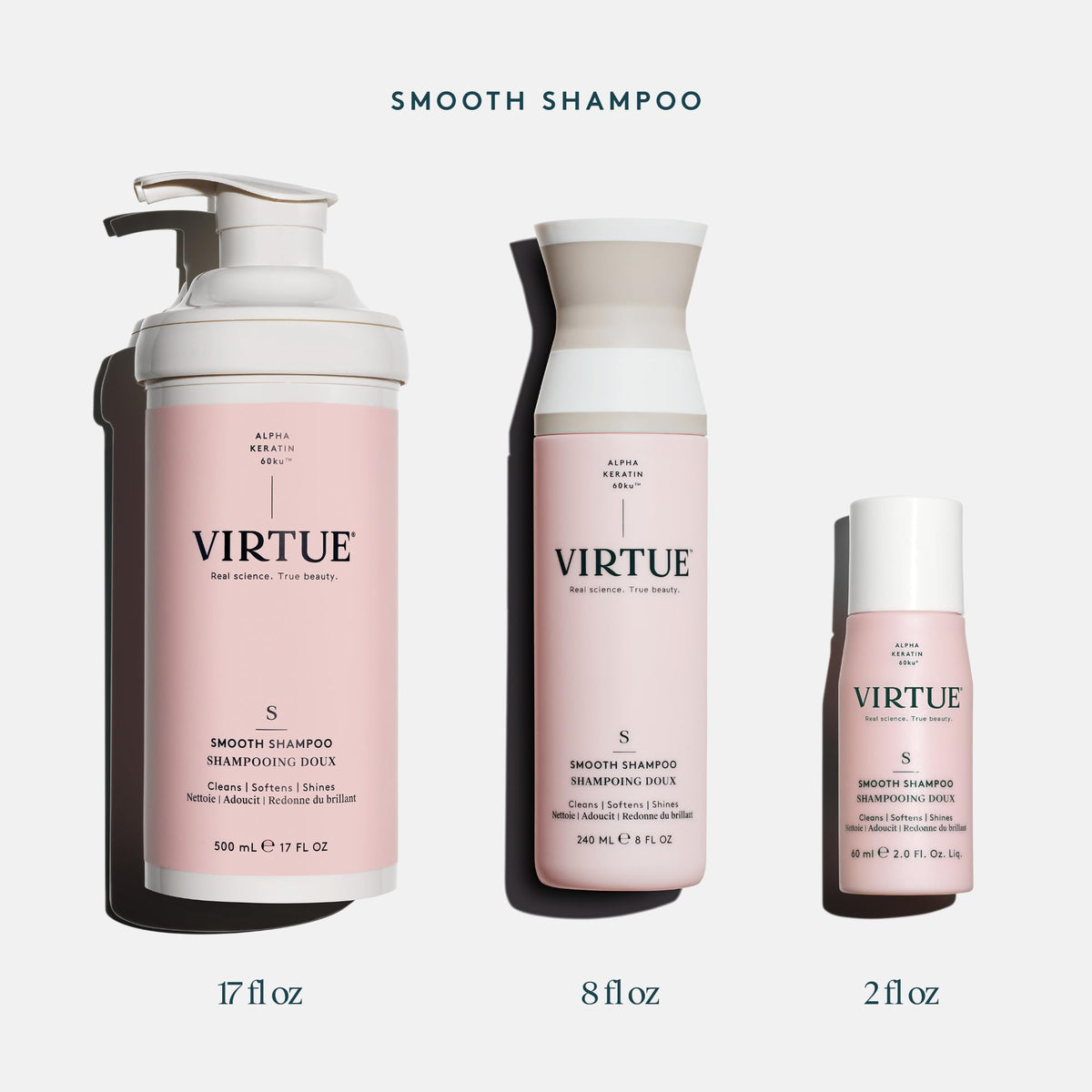 Virtue Smooth Shampoo on frizzy hair demonstrates frizz reduction from root to tip.