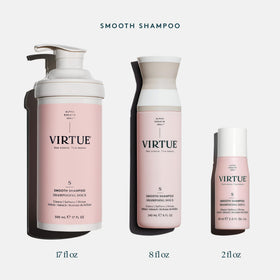 Virtue Smooth Shampoo on frizzy hair demonstrates frizz reduction from root to tip.