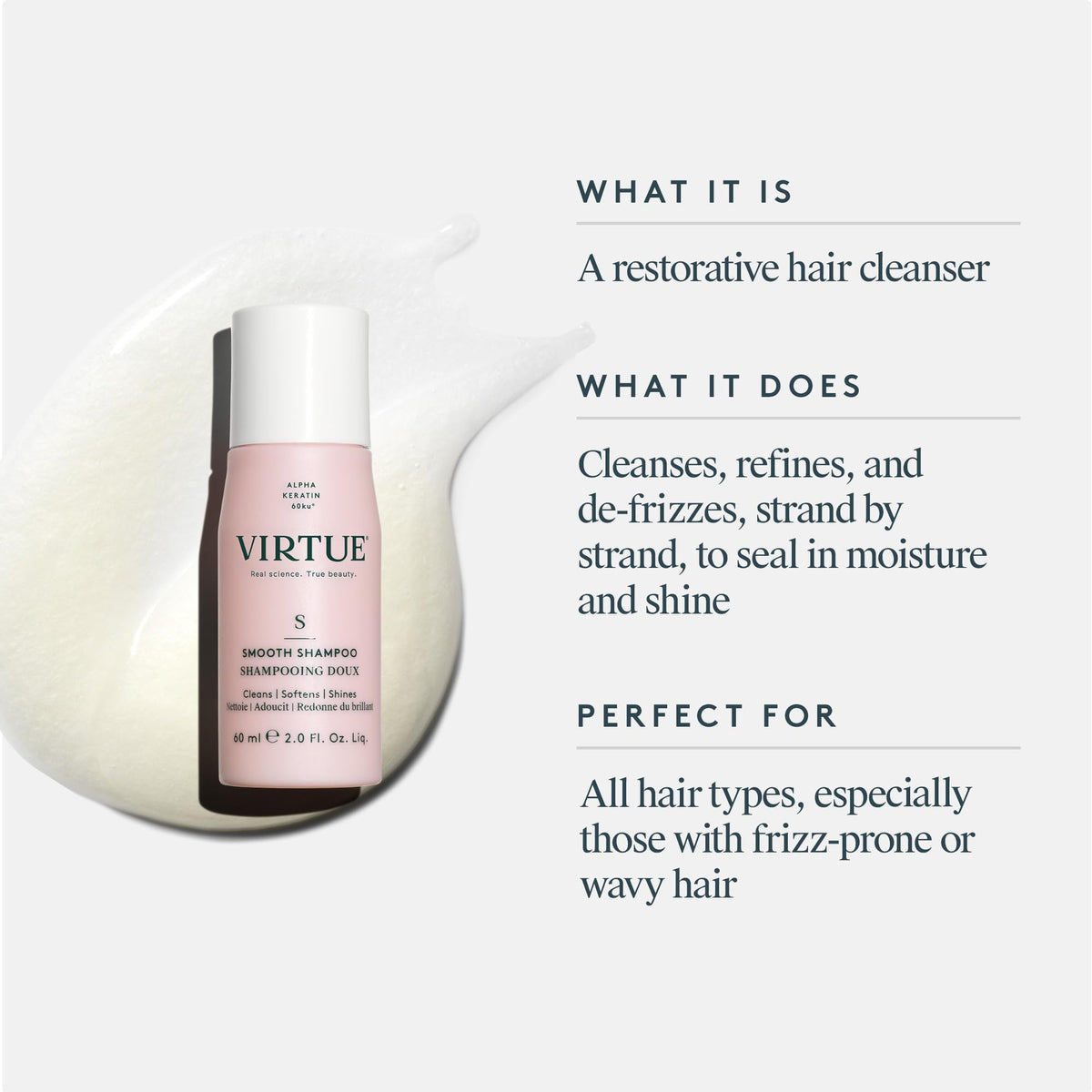 Virtue Smooth Shampoo pump action demonstrates easy daily smoothing routine.