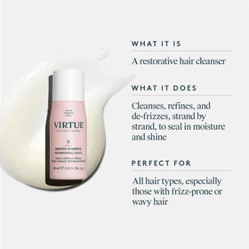 Virtue Smooth Shampoo pump action demonstrates easy daily smoothing routine.