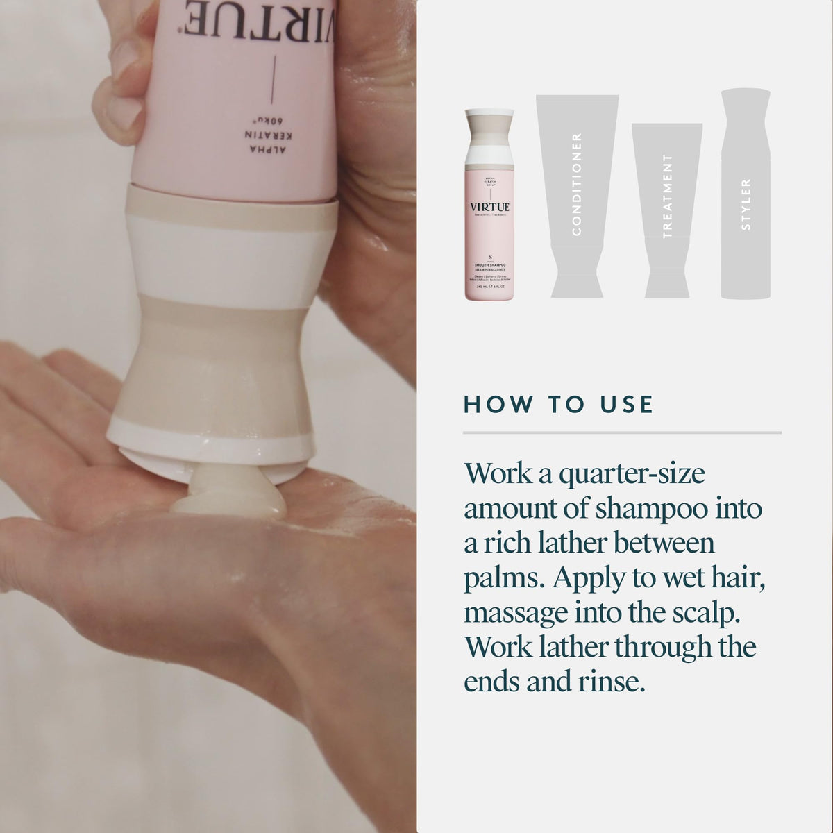 Virtue Smooth Shampoo texture close-up suggests rich lather and smooth glide.