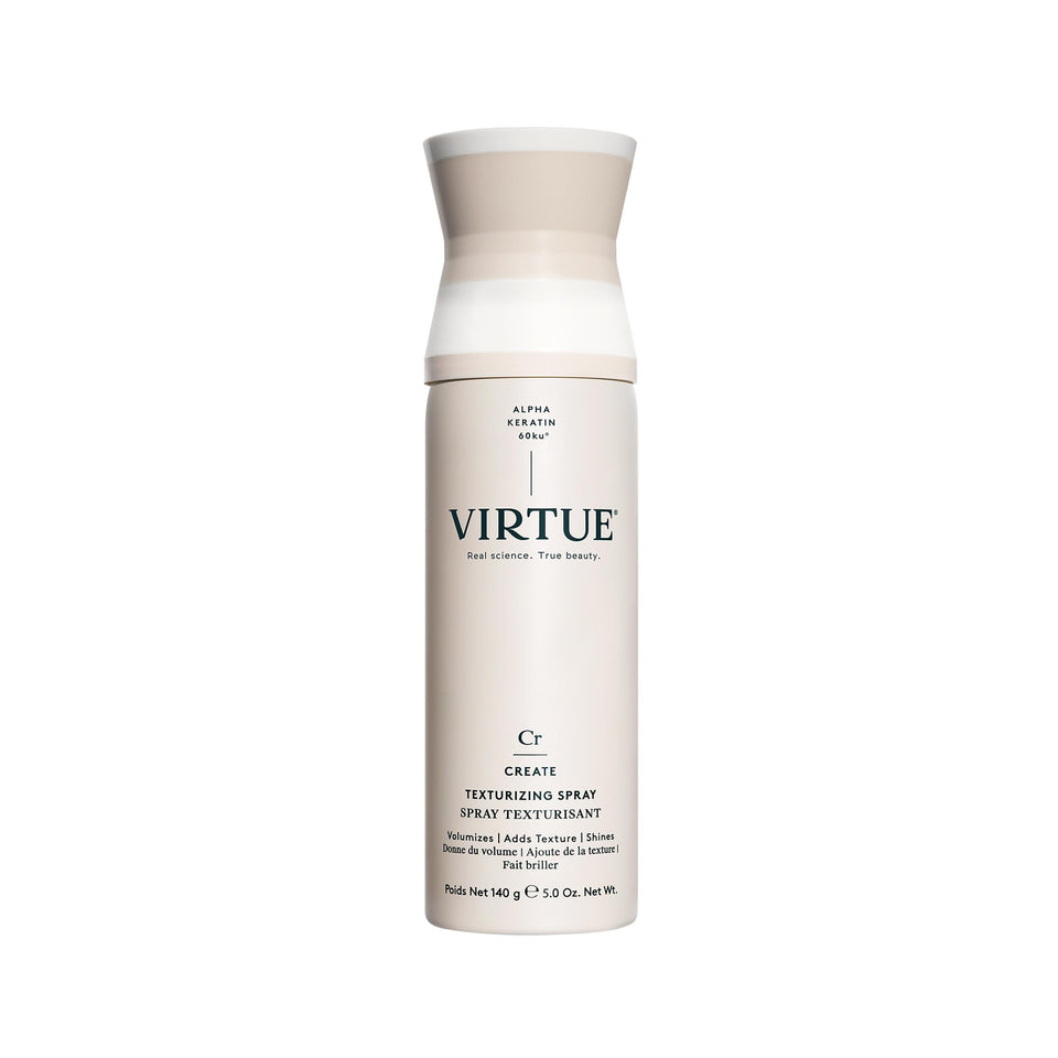 VIRTUE Texturizing Spray bottle offers lightweight texture for versatile styling.