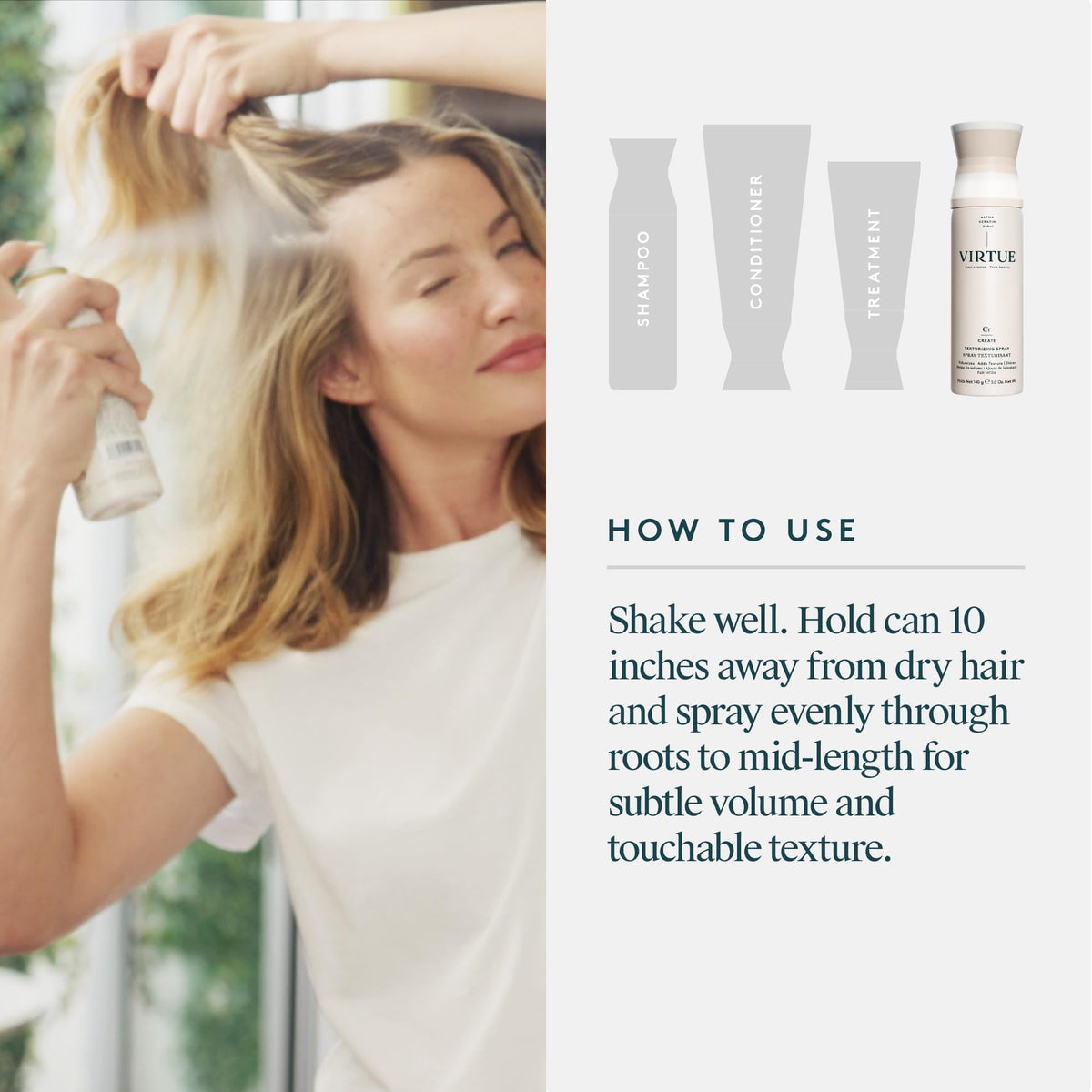 VIRTUE Texturizing Spray color-safe note emphasizes safe styling for color-treated hair.
