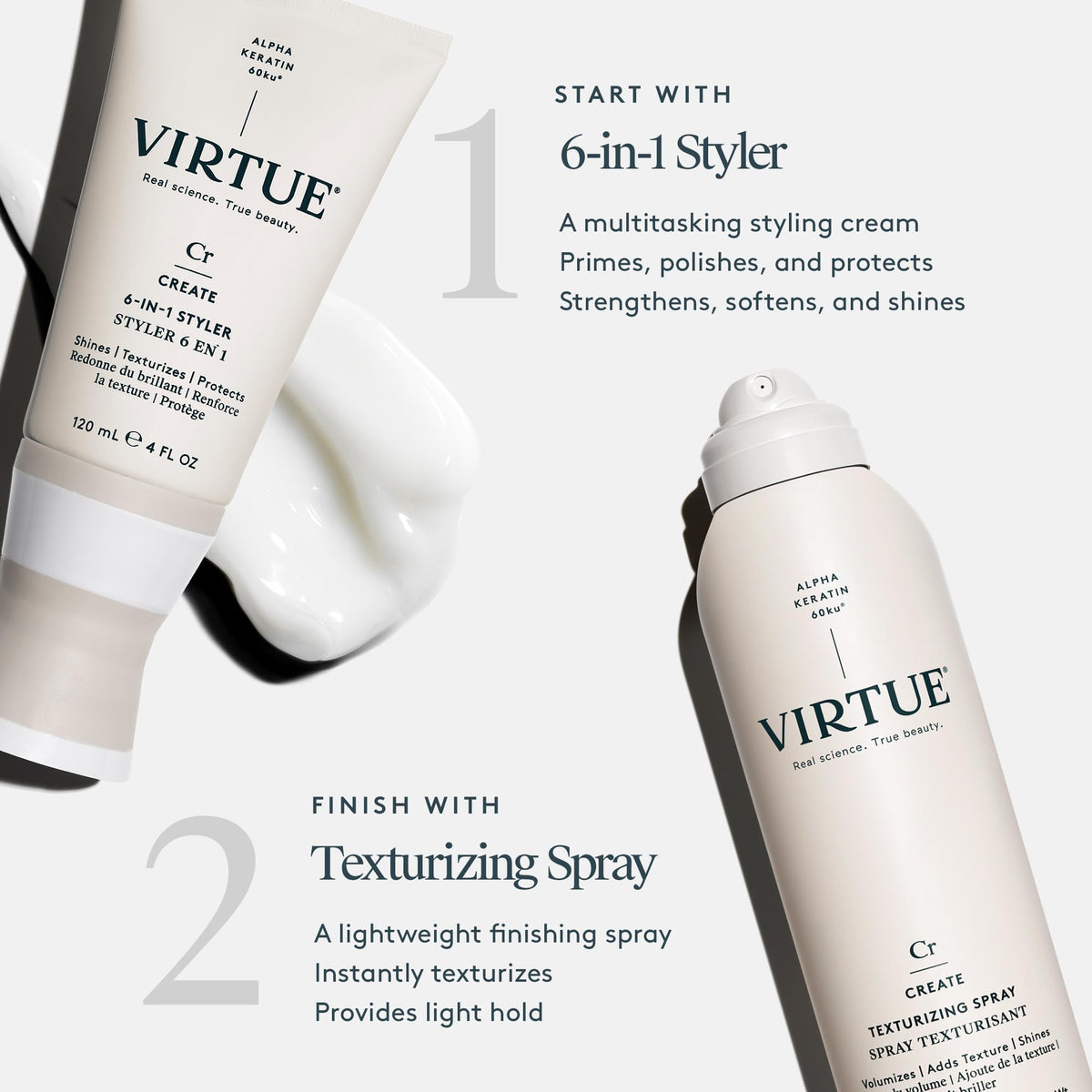 VIRTUE Texturizing Spray texture-build close-up shows effortless grip and added volume.