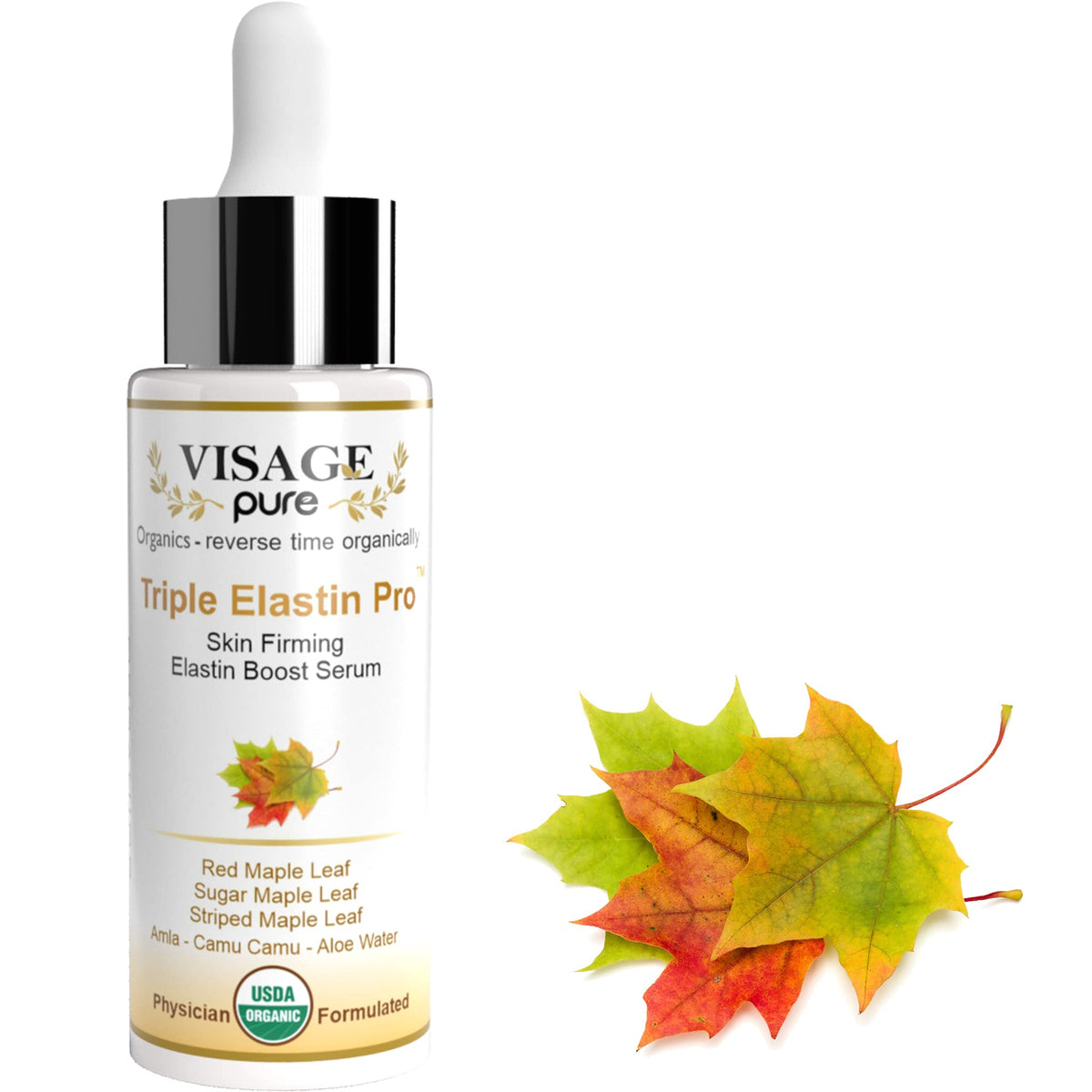 Visage Pure Triple Elastin Pro serum bottle highlights premium packaging for skin tightening support.