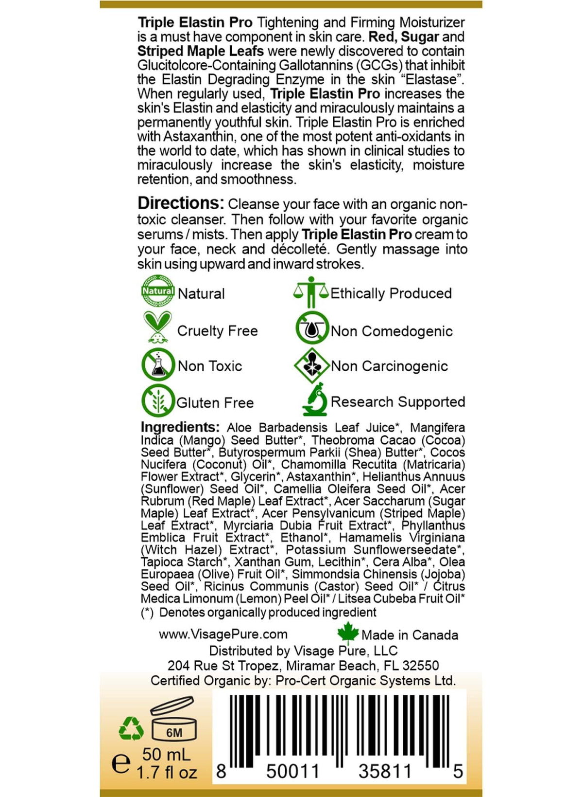 USDA Organic label on Visage Pure packaging signals toxin-free formulation.