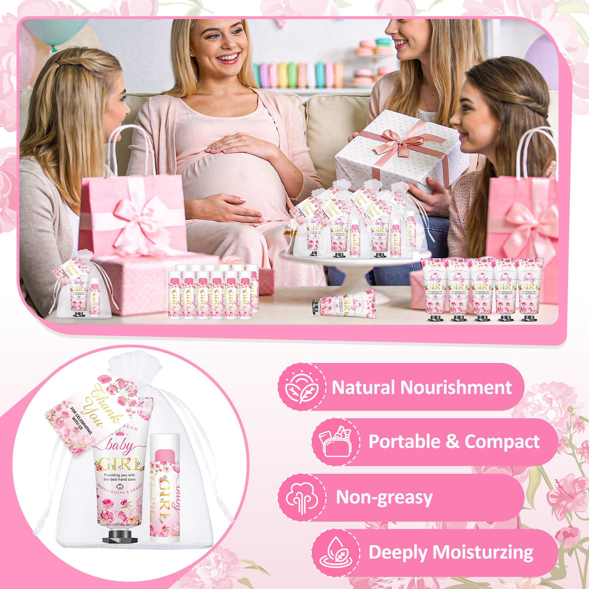 VISCOO baby girl theme packaging complements baby shower aesthetics.