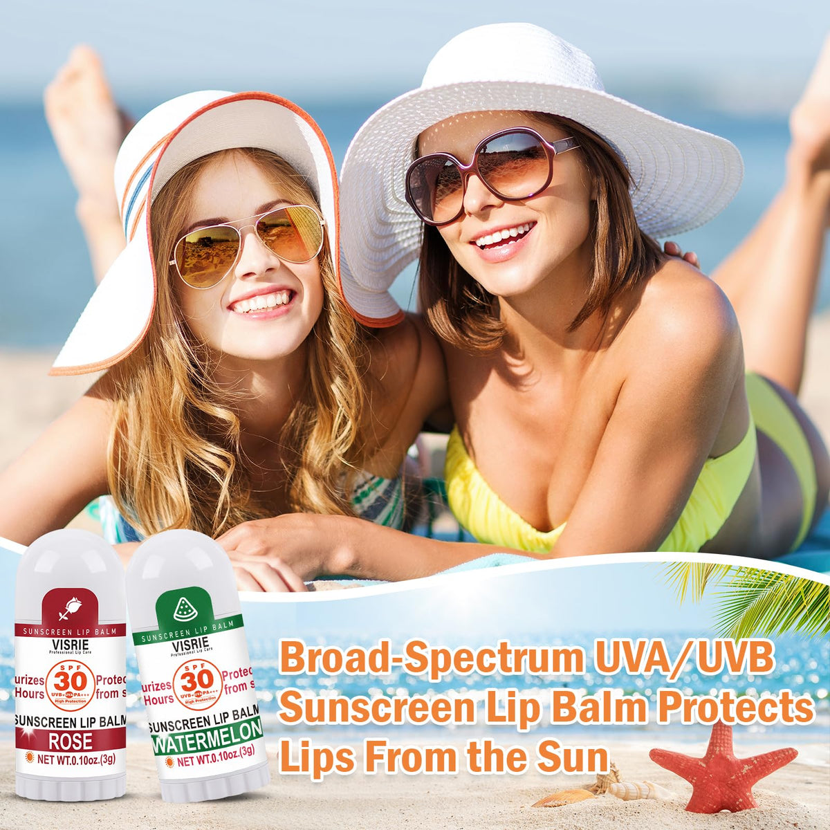 Beach-ready scene with VISRIE lip balm in sunny outdoor setting.