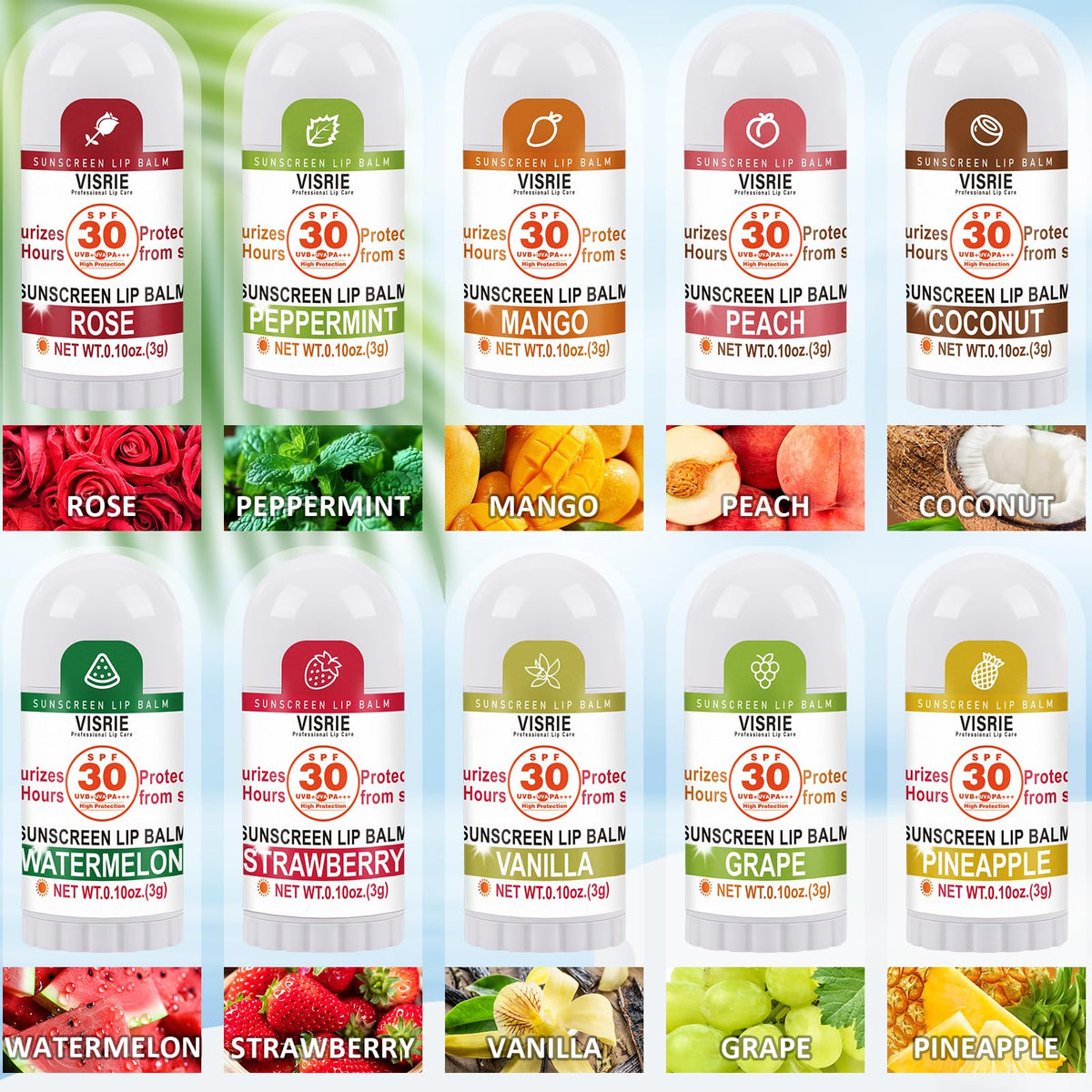 Bulk pack of VISRIE lip balms in travel-friendly 40-count display.