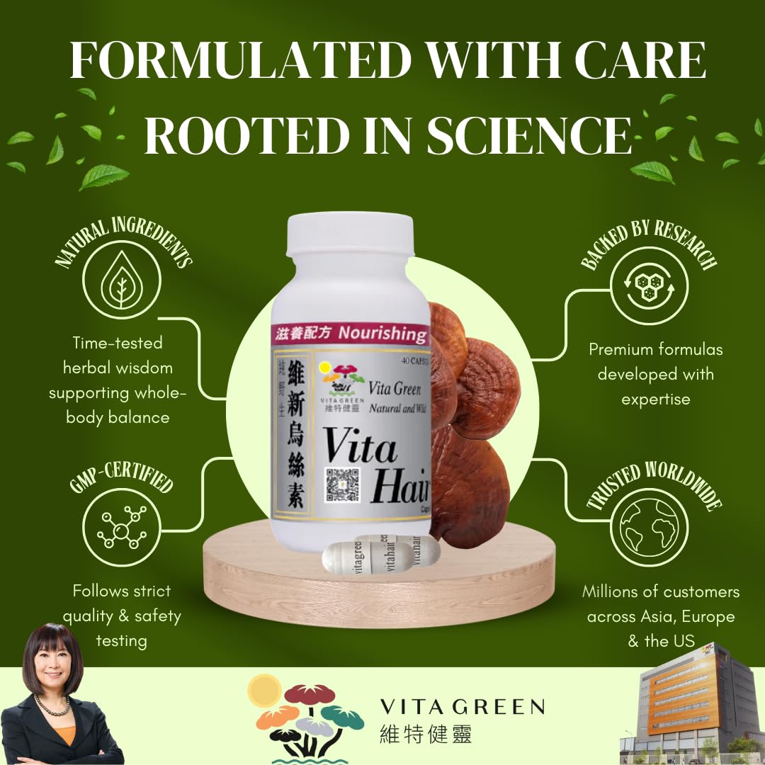 Vita Green capsules laid out for a daily routine that supports reduced shedding and stronger strands.