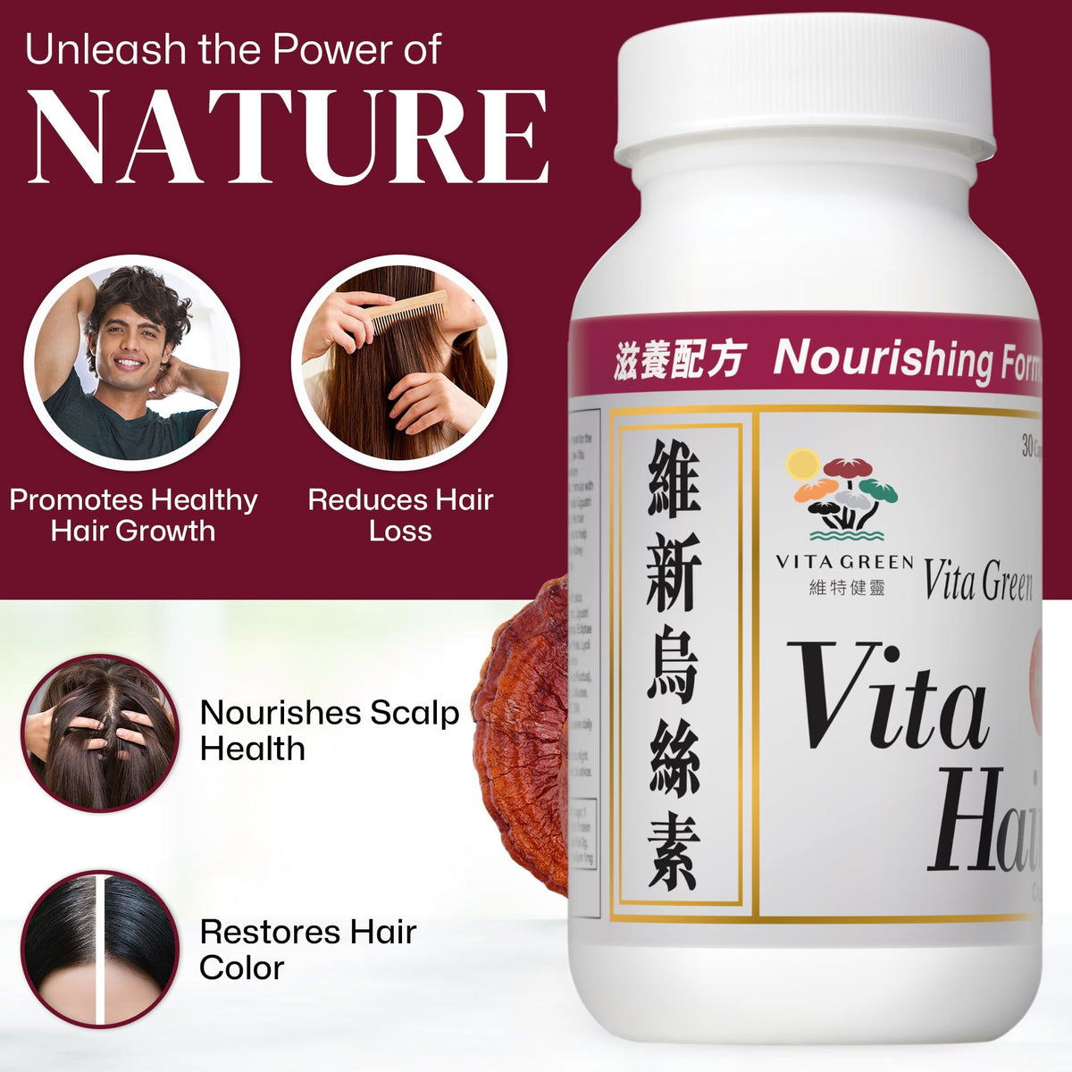 Vita Green red reishi extract jar highlighting natural wellness and vitality from mushrooms.