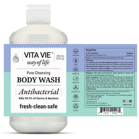 Vita Vie Body Wash lemon label shows vegan, paraben-free formula.