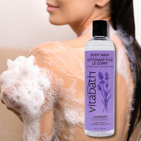 Vitabath Lavender & Chamomile body polish texture ready for exfoliation.