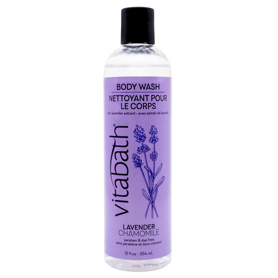 Vitabath Lavender & Chamomile body wash bottle pours for a calming cleanse.