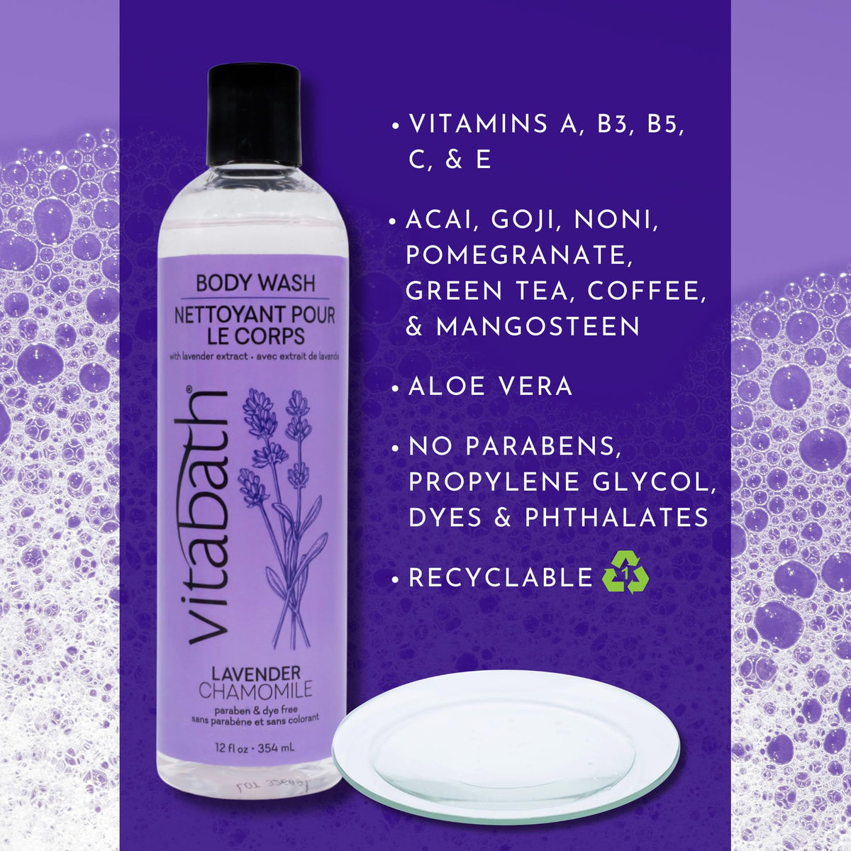 Vitabath Lavender & Chamomile bottle with pump for easy daily use.