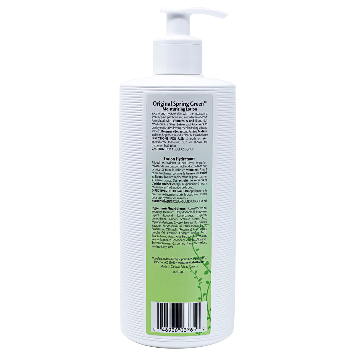 Vitabath Original Spring Green ingredients list featuring aloe and shea.
