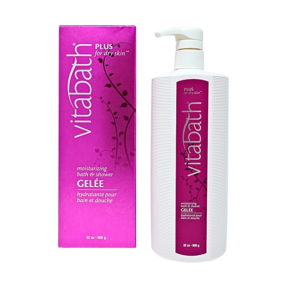 Vitabath Plus bottle pours a hydrating cleanse for dry skin.