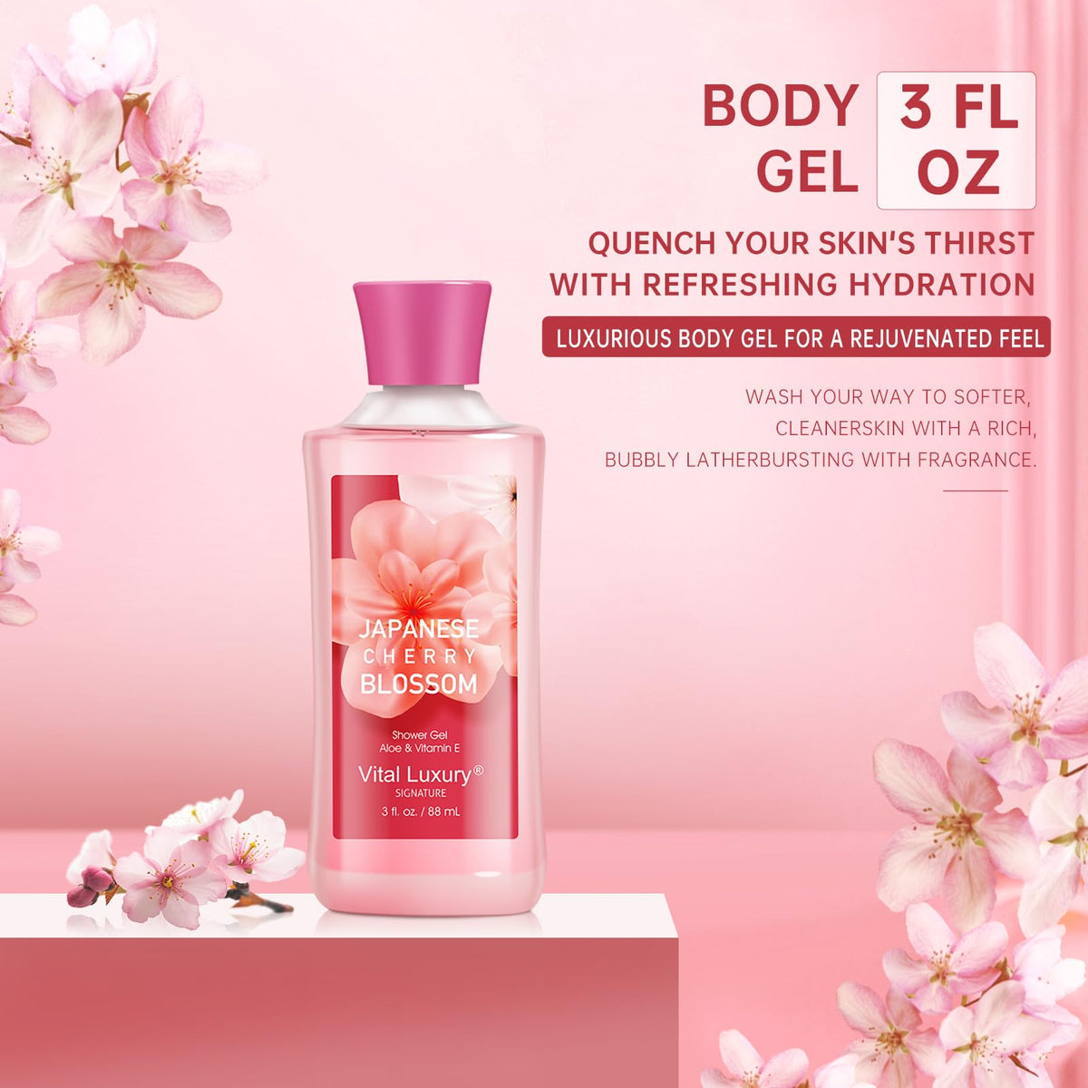 Vital Luxury bath gift set on shelf showing elegant home spa experience.