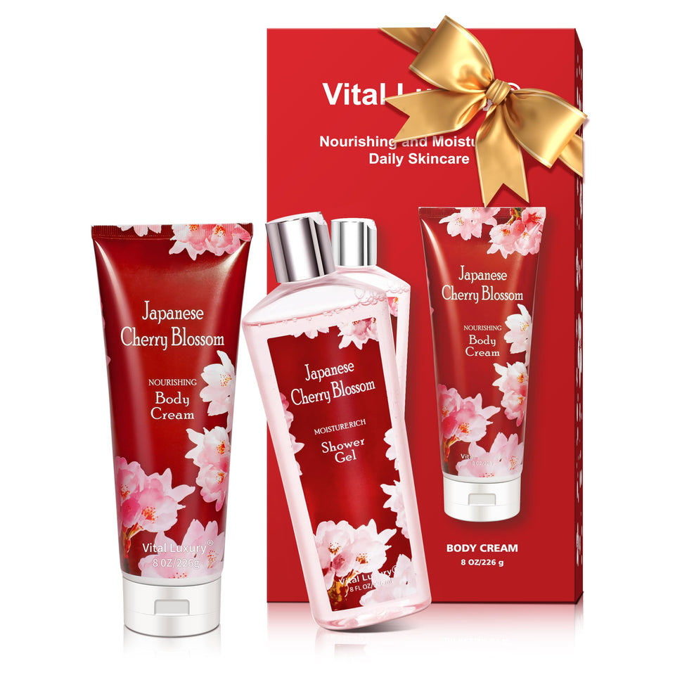 Vital Luxury Japanese Cherry Blossom Shower Gel bottle showcasing a soft floral aroma for daily cleansing