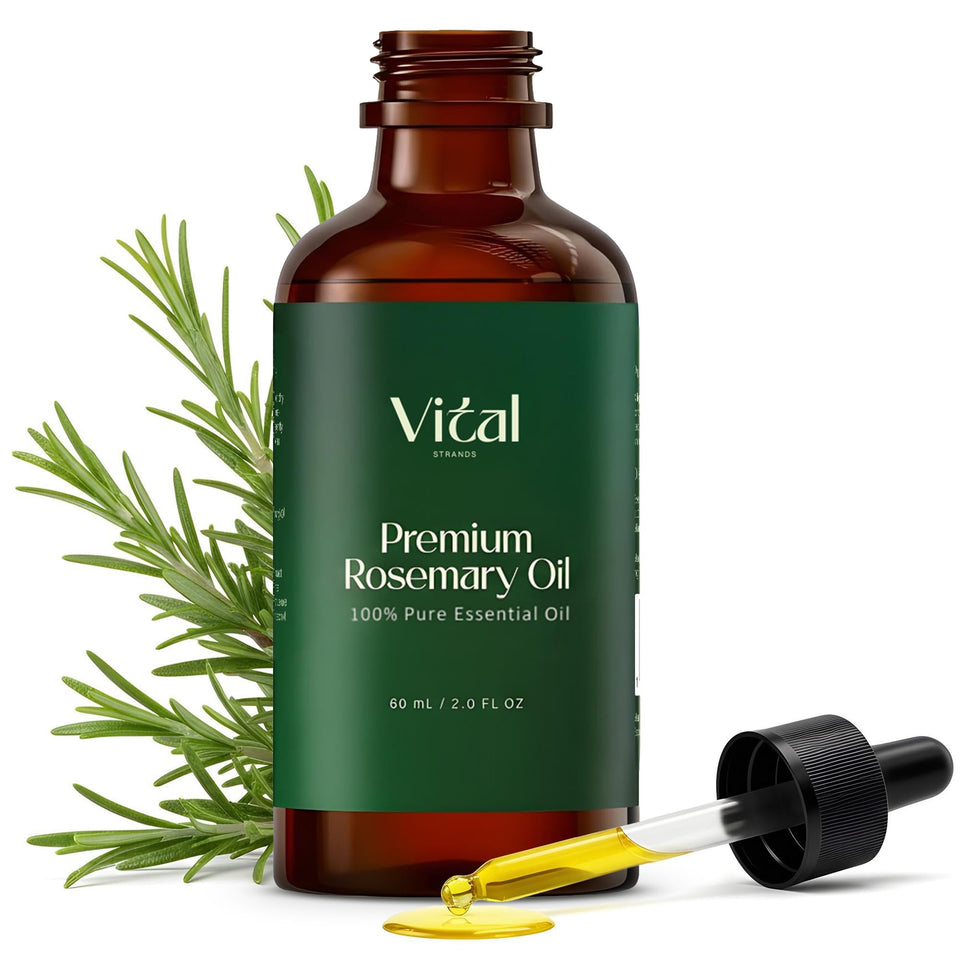 Vital Strands rosemary oil bottle for scalp care.