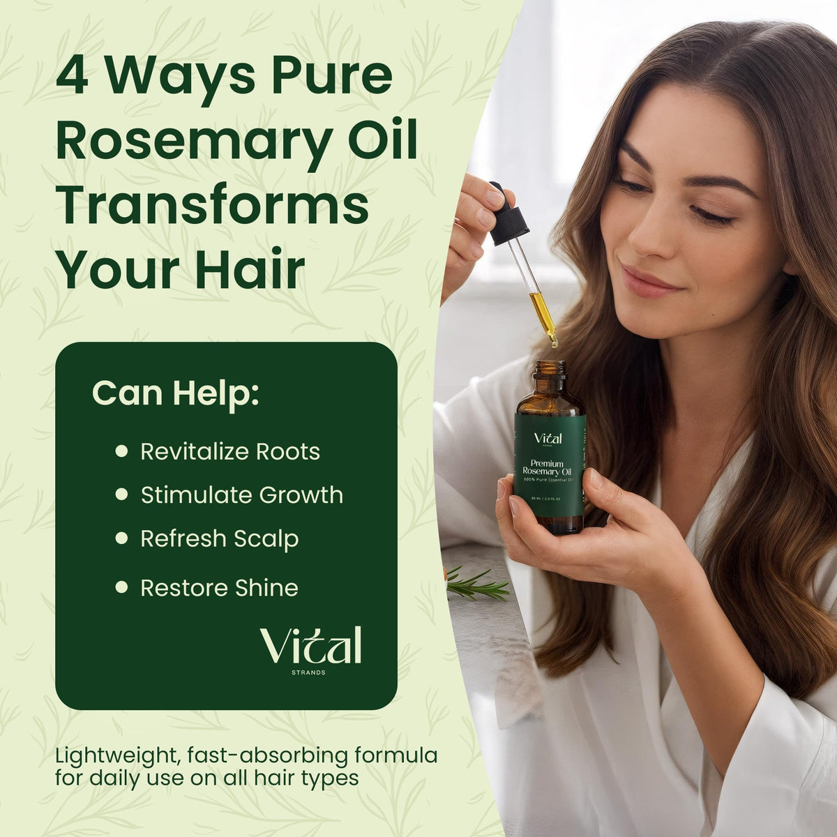 Vital Strands rosemary oil multi-use highlights versatile scalp and hair care.