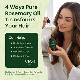 Vital Strands rosemary oil multi-use highlights versatile scalp and hair care.