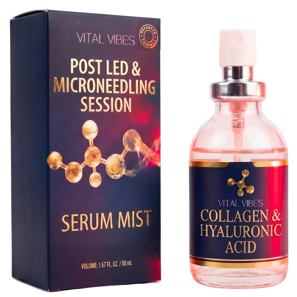 Vital Vibes post red light therapy activation serum mist closeup bottle for post-session hydration