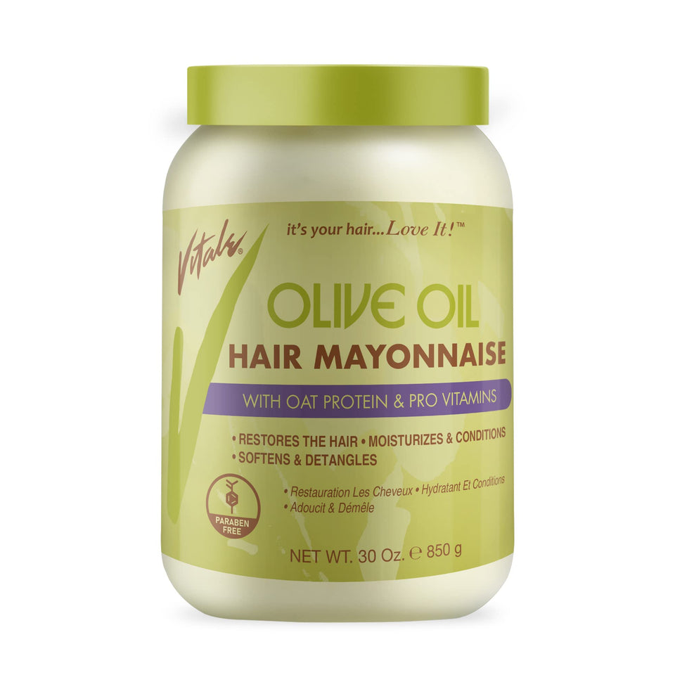 Vitale Olive Oil Hair Mayonnaise jar closeup, rich conditioning for moisturized hair.