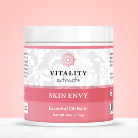 Vitality Skin Envy balm ingredients close up, nourishing botanical oils