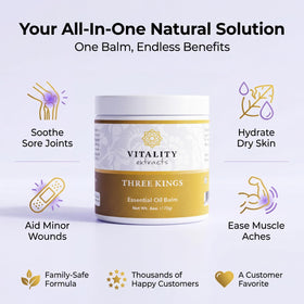 Vitality Three Kings Balm beeswax barrier supports long-lasting hydration.