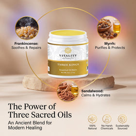 Vitality Three Kings Balm frankincense aroma delivers a calming, spa-like experience.