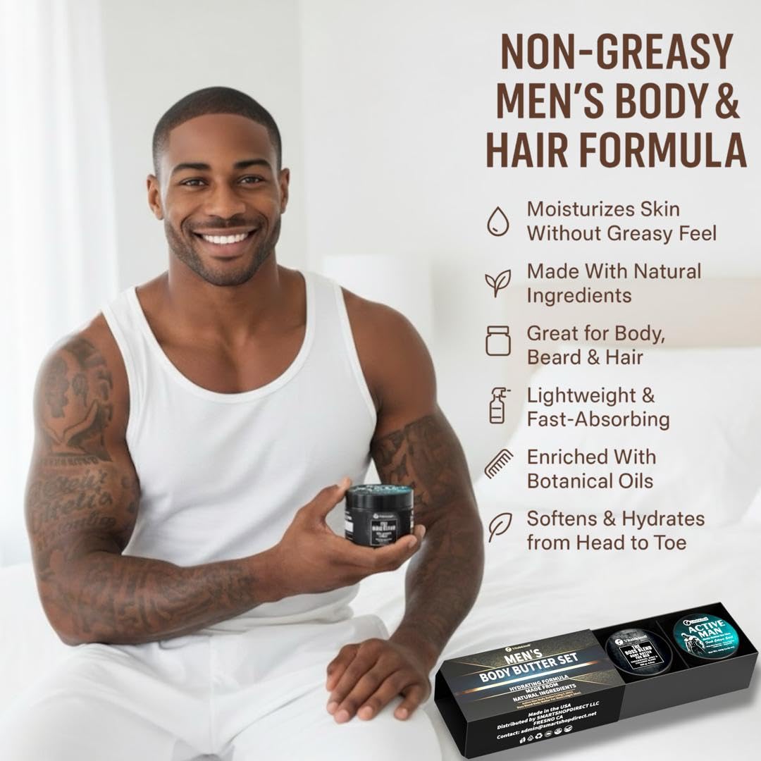 Men's body butter shown in smooth application on skin.