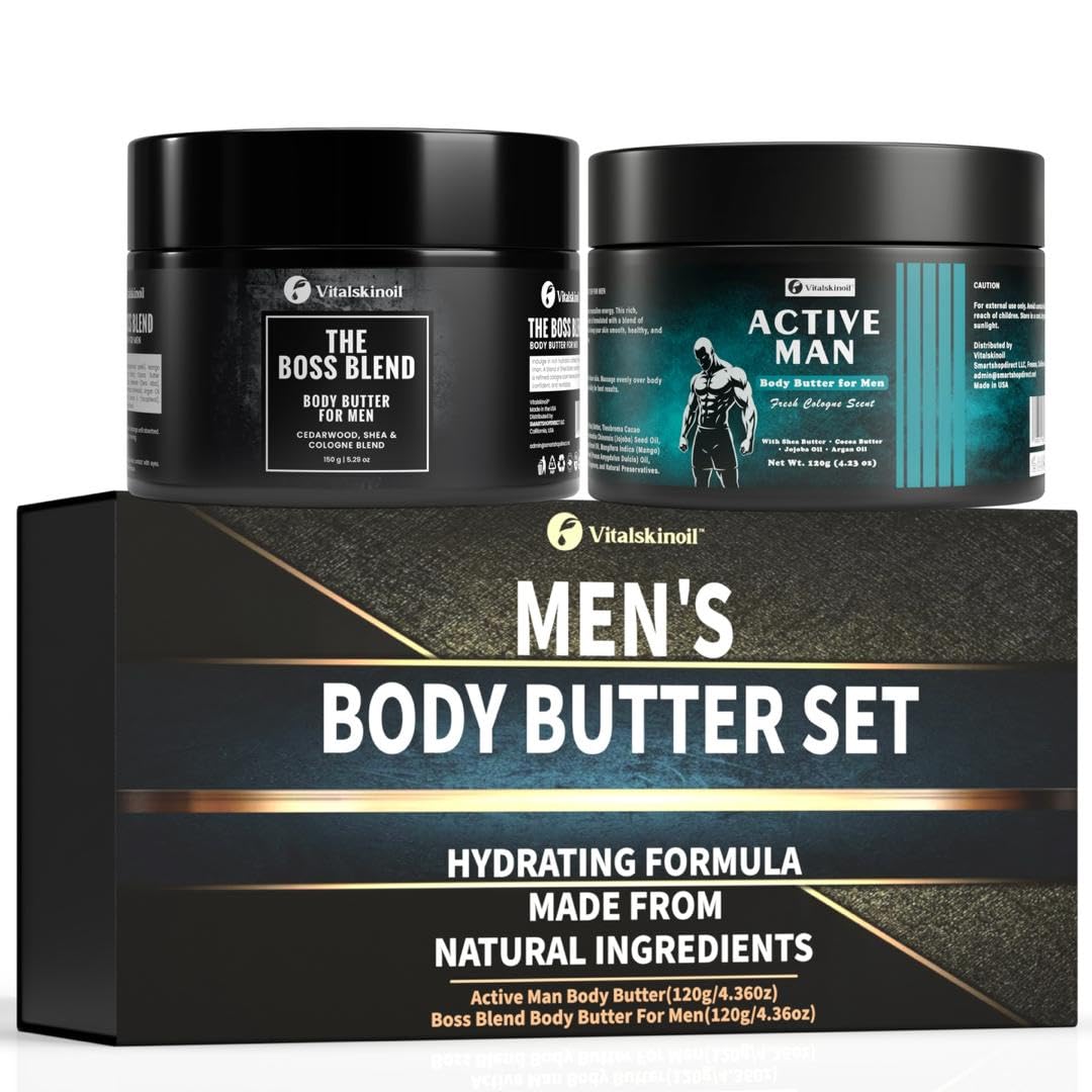 VITALSKINOIL body butter for men with two cologne-scented bottles, ideal for gifting.
