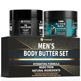 VITALSKINOIL body butter for men with two cologne-scented bottles, ideal for gifting.